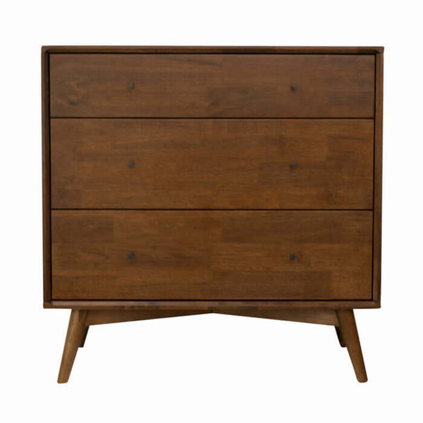 Mid-century modern Caroline MCM solid wood 3-drawer dresser in brown, perfect for bedroom storage and decor.