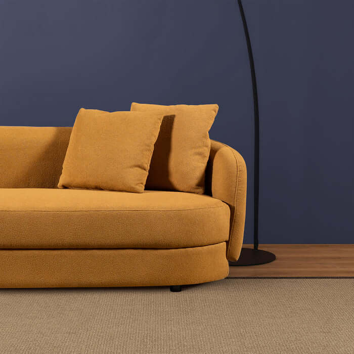 Chandler Boucle Right Facing Chaise Sectional Sofa in mustard yellow with curved silhouette and soft, stain-resistant fabric upholstery.