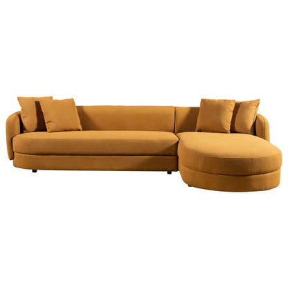 Chandler Boucle Right Facing Chaise Sectional Sofa 118" in mustard yellow, Japandi mid-century modern design, soft stain-resistant fabric.