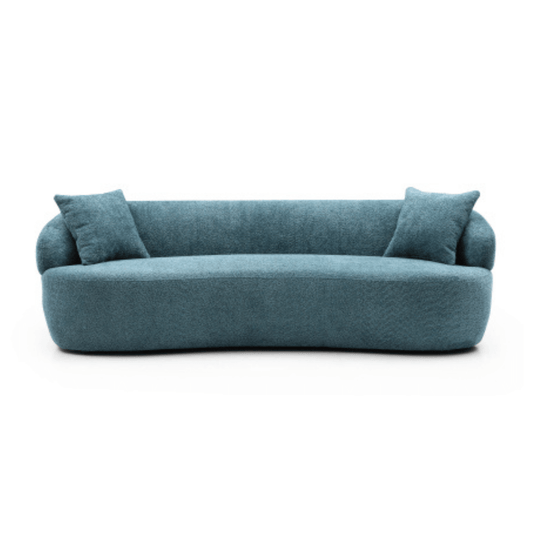 Modern Curved Boucle Fabric 3 Seat Sofa in teal, 86" long, with luxurious upholstery and a sophisticated curved design.