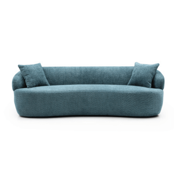 Modern Curved Boucle Fabric 3 Seat Sofa in teal, 86 long, with luxurious upholstery and a sophisticated curved design.