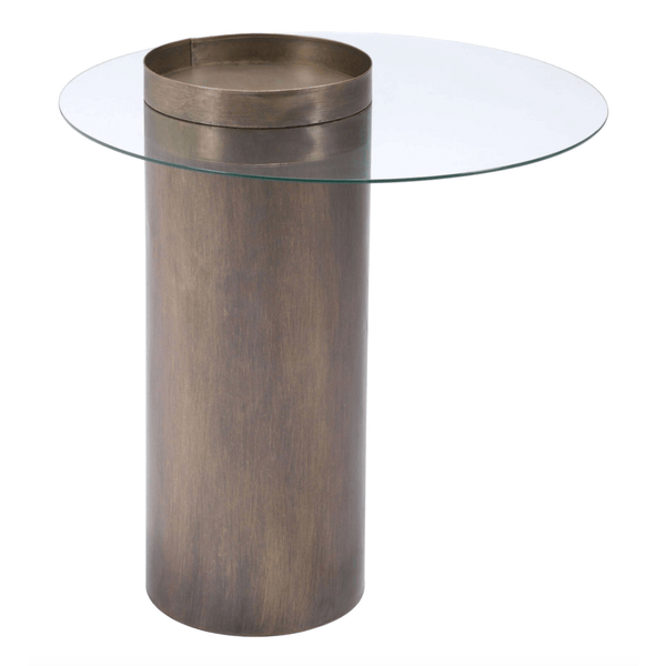 Emi Bronze Cylindrical Base & Round Glass Top End Accent Table 24 - Revel Sofa 