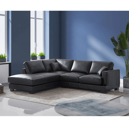 Geralyn Sectional Corner Chaise Sofa w/2 Throw Pillows, Genuine Leather Black - Revel Sofa 