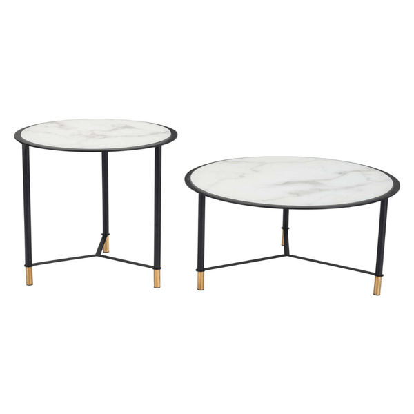 Davis Coffee Table Set (2pc) White Round Marble Top - Revel Sofa 