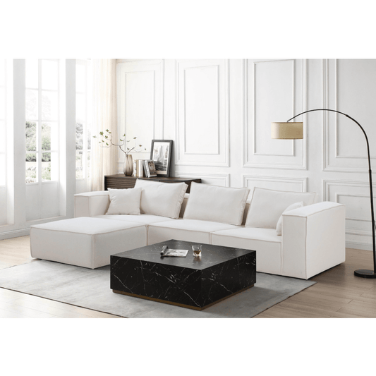 Modern Minimalist Modular Sectional Couch with Ottoman & Reversible Chaise, White 129” - Revel Sofa 