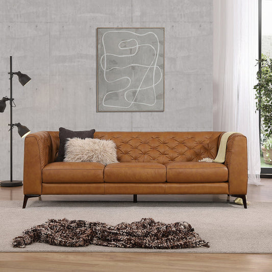 Sofá moderno de mediados de siglo 'Carter' de cuero color canela