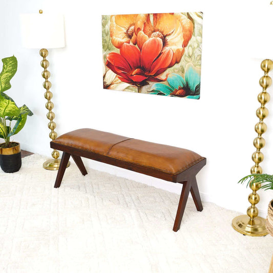 Chad Genuine Leather Solid Wood Bench 47"