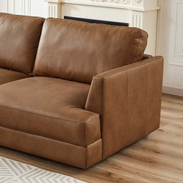 Glander Modern Leather Sectional Chaise Sofa 108" in stylish brown leather upholstery, perfect for a contemporary living room.