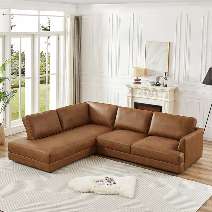 Glander Modern Leather Sectional Chaise Sofa 108" in a stylish living room setting with soft luxurious leather upholstery.