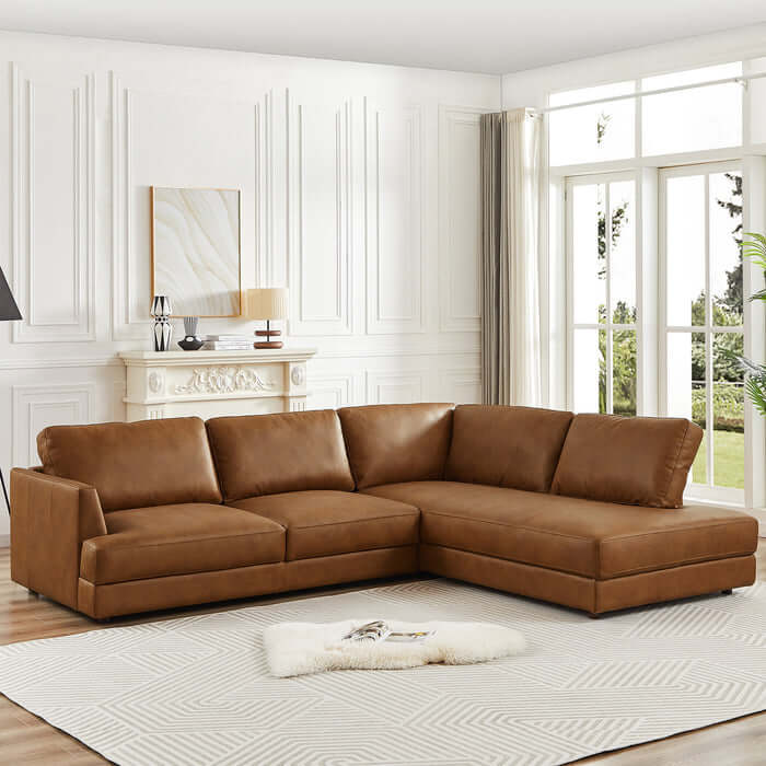 Glander Modern Leather Sectional Chaise Sofa 108" in stylish living room with natural light and elegant white wall paneling