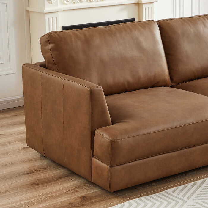 Glander Modern Leather Sectional Chaise Sofa 108" in light brown leather upholstery adds luxury and style to the living room.