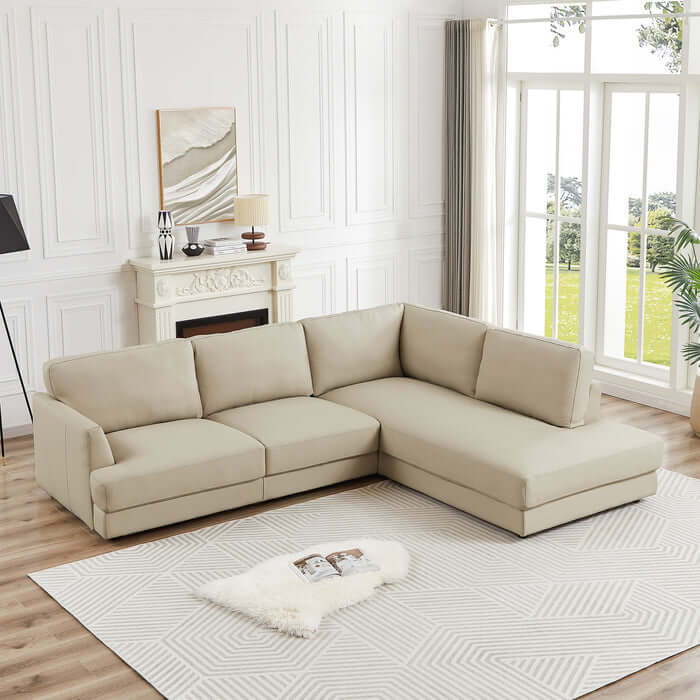 Glander Modern Leather Sectional Chaise Sofa 108" in stylish living room setting with natural light