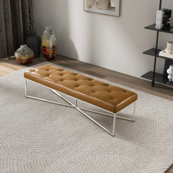 Harper Tufted Tan Genuine Leather Bench 60"