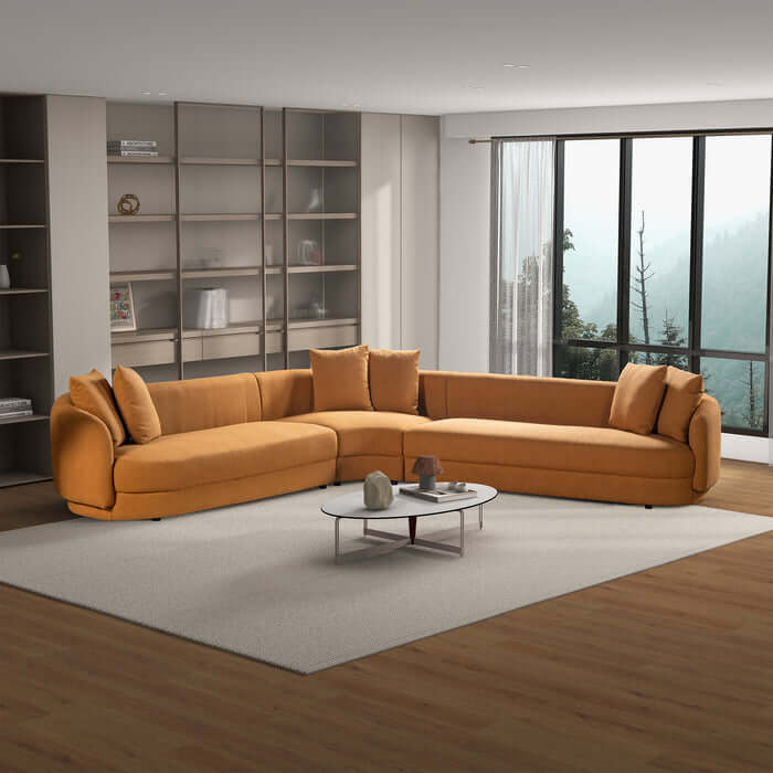 Highline Boucle Corner Sectional Sofa 122" in orange with sleek spherical profile and plush upholstery, seating up to six in modern living room.