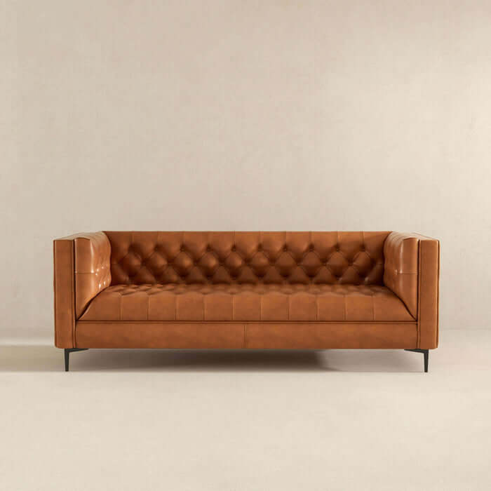 Evelyn MCM Tufted Tan Leather Chesterfield Sofa - Luxury 88-inch Mid-Century Modern Design.