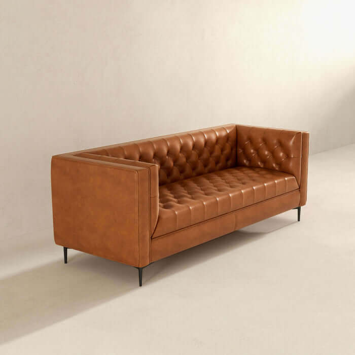 Evelyn MCM Tufted Tan Leather Chesterfield Sofa (88") - Classic elegance and modern comfort in a timeless, luxurious design.