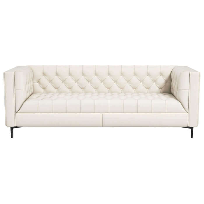 Evelyn MCM Tufted Tan Leather Luxury Chesterfield Sofa 88", featuring a sturdy hardwood frame and plush foam seat for exceptional comfort.