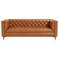 Evelyn MCM Tufted Tan Leather Luxury Chesterfield Sofa 88", elegant and timeless design with sturdy hardwood frame and plush foam seat.