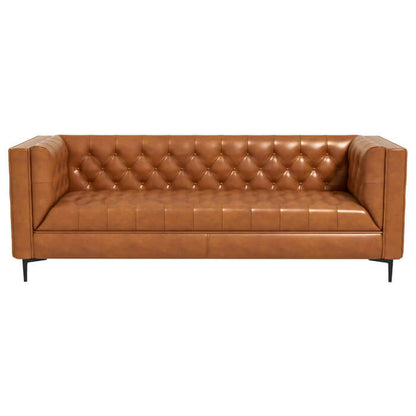 Evelyn MCM Tufted Tan Leather Luxury Chesterfield Sofa 88", elegant and timeless design with sturdy hardwood frame and plush foam seat.