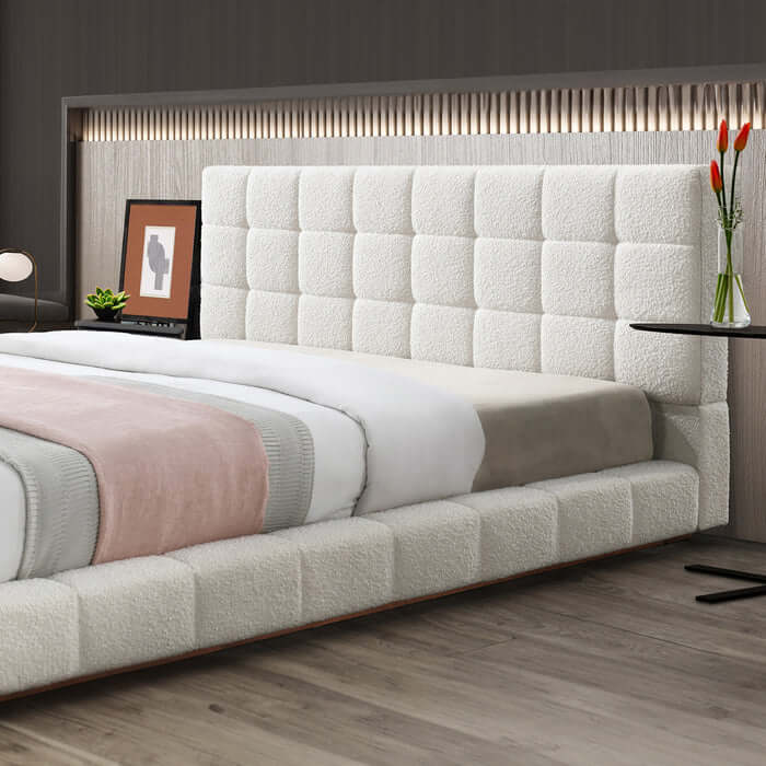 Hudson Channel Tufted Bed Frame Platform in Ivory White Boucle