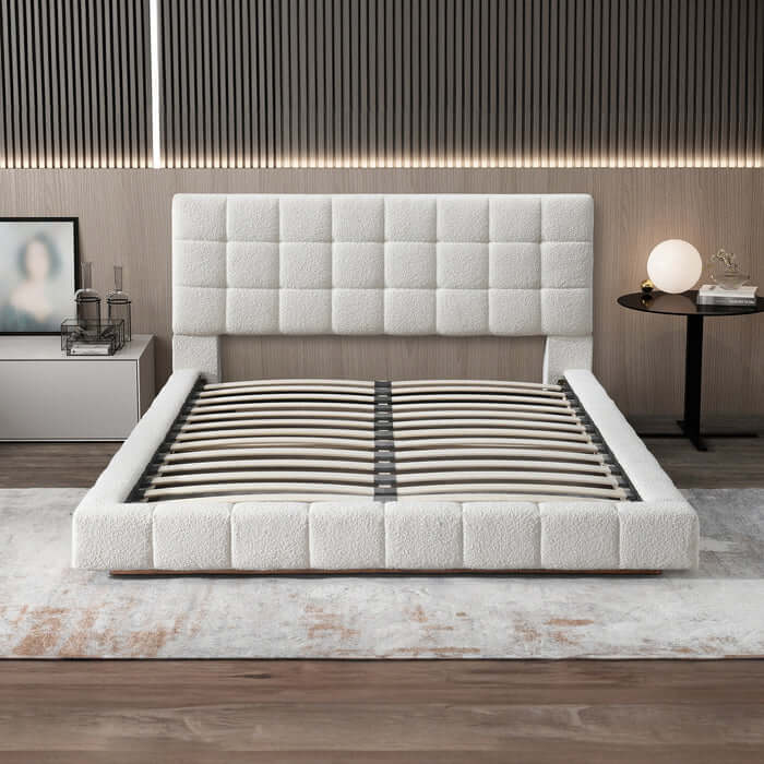 Hudson Channel Tufted Bed Frame Platform in Ivory White Boucle