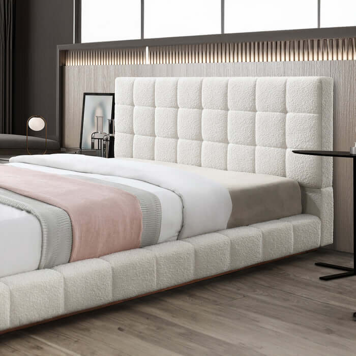 Hudson Channel Tufted Bed Frame Platform in Ivory White Boucle