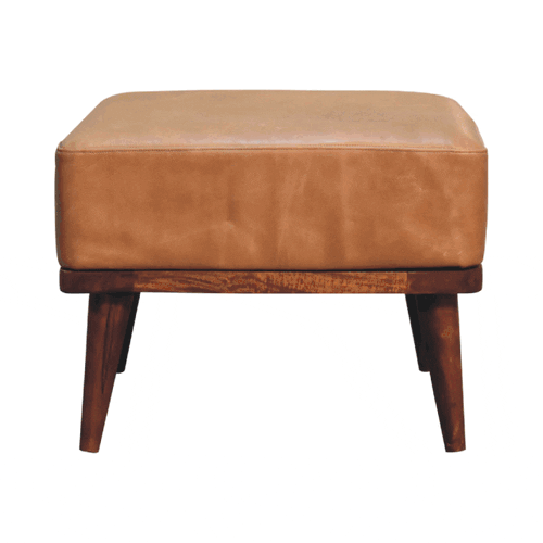 MCM Styled Genuine Buffalo Leather Ottoman Footstool, Tan 20