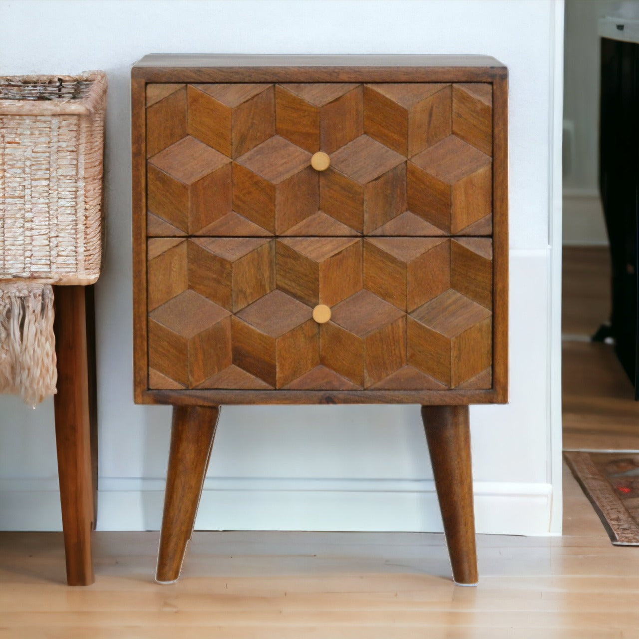 Solid Wood Geometric Cube Design Nightstand 16"