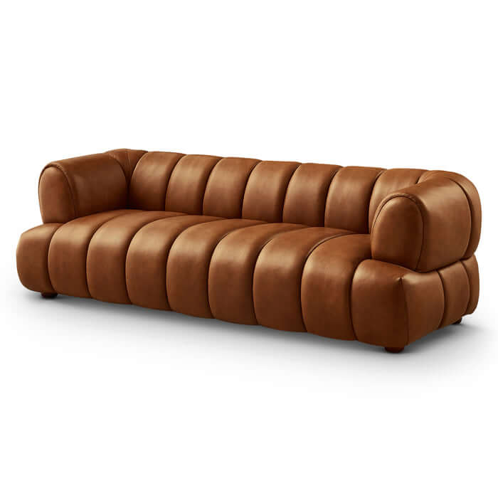 Jasmin Rounded Arm Channel Tufted Genuine Leather Sofa 90”