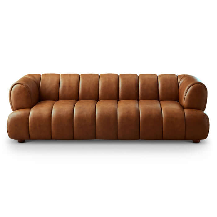 Jasmin Rounded Arm Channel Tufted Genuine Leather Sofa 90”