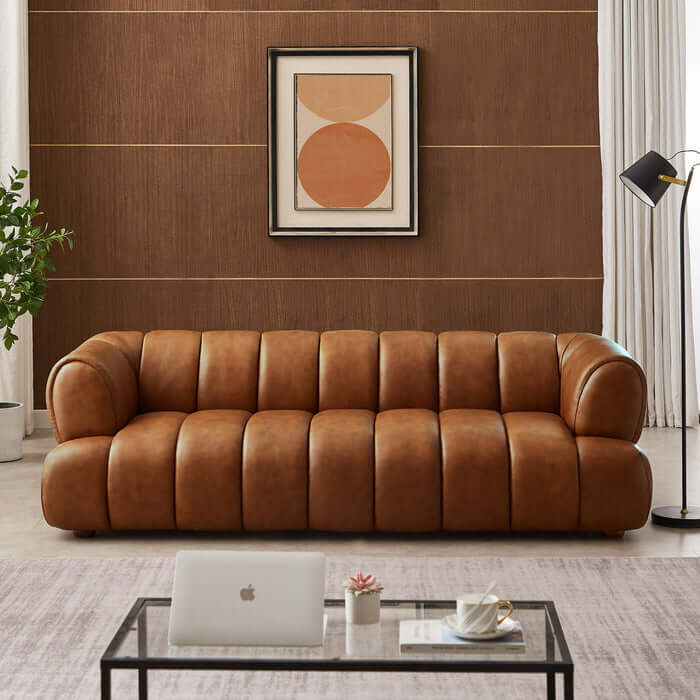 Jasmin Rounded Arm Channel Tufted Genuine Leather Sofa 90”