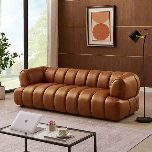 Jasmin Rounded Arm Channel Tufted Genuine Leather Sofa 90”