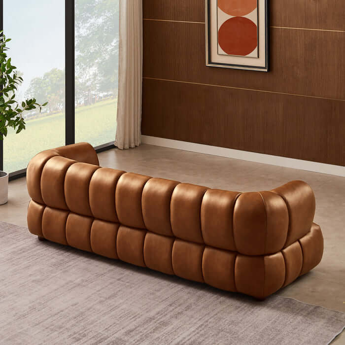 Jasmin Rounded Arm Channel Tufted Genuine Leather Sofa 90”