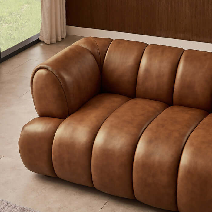 Jasmin Rounded Arm Channel Tufted Genuine Leather Sofa 90”