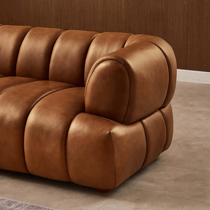 Jasmin Rounded Arm Channel Tufted Genuine Leather Sofa 90”