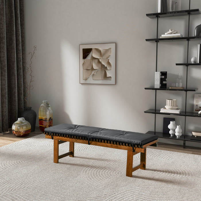 Lucia Solid Wood Bench Upholstered in Black Vegan Leather 59"