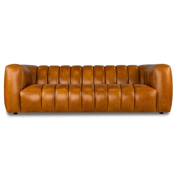 Maverik Channel Tufted Genuine Cognac Leather Couch Sofa (90)