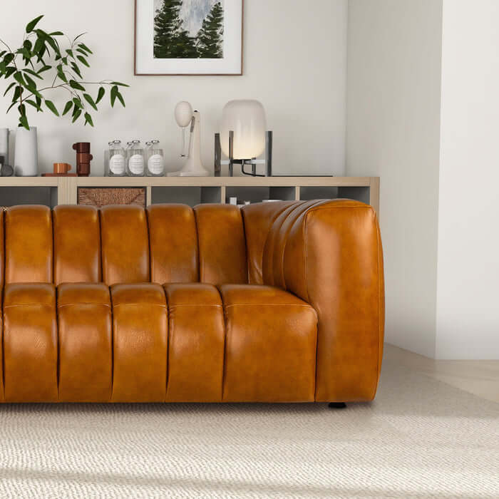 Maverik Channel Tufted Genuine Cognac Leather Couch Sofa (90")