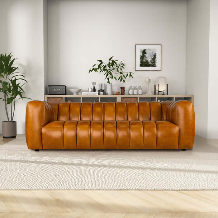 Maverik Channel Tufted Genuine Cognac Leather Couch Sofa (90")