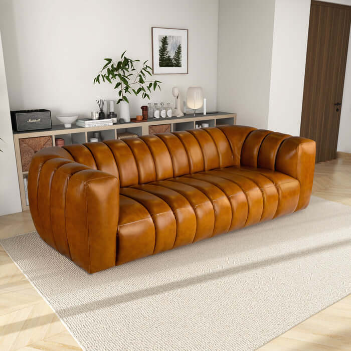 Maverik Channel Tufted Genuine Cognac Leather Couch Sofa (90")