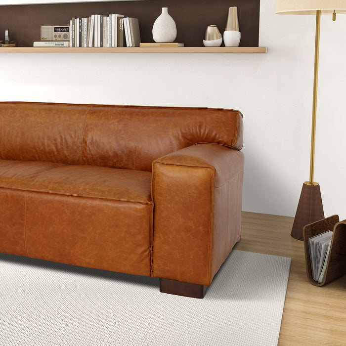 Morgan Square Arm Buffalo Cognac Leather Sofa 93"