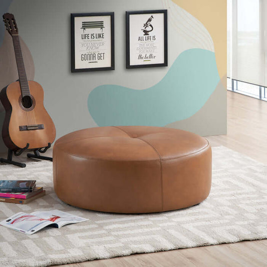 Rochelin Round Tan Leather Ottoman 36"