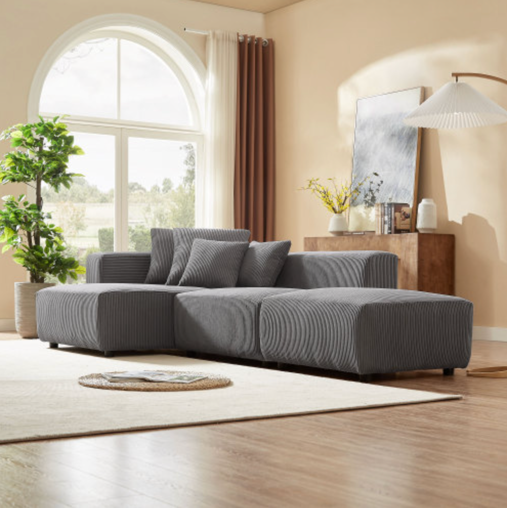 Soft Corduroy Sectional Modular Sofa 3 or 4 Piece Set, Gray or Beige - Revel Sofa 