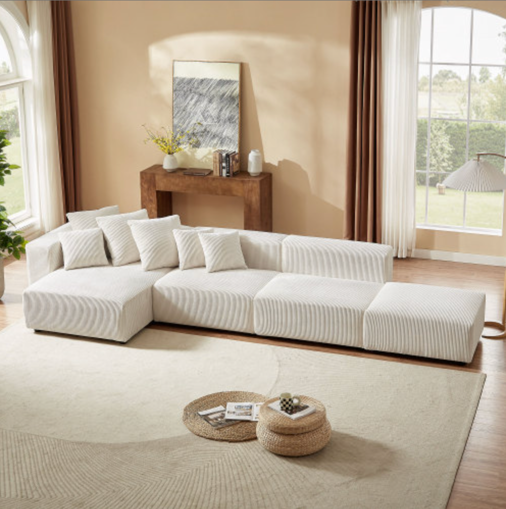 Soft Corduroy Sectional Modular Sofa 3 or 4 Piece Set, Gray or Beige - Revel Sofa 