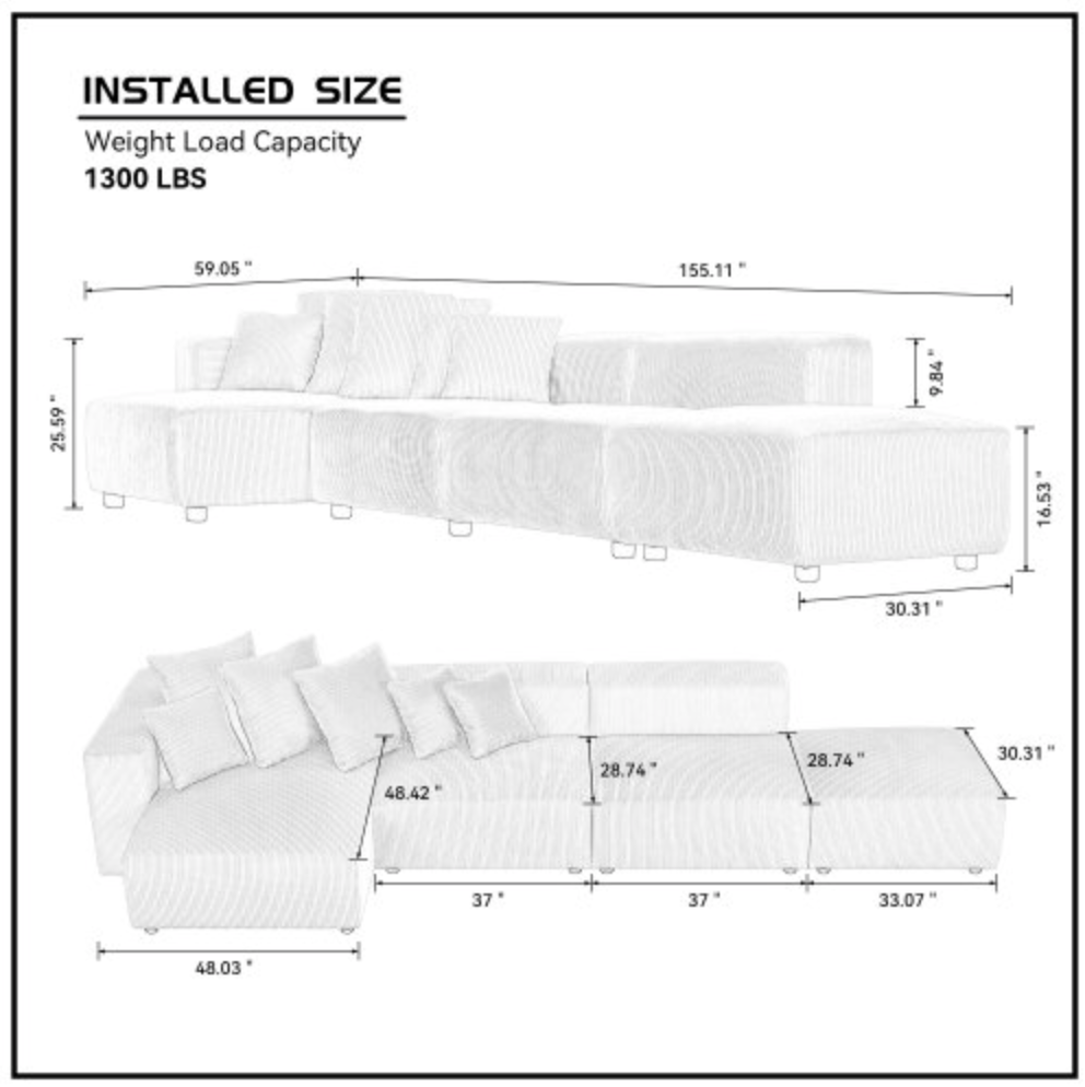 Soft Corduroy Sectional Modular Sofa 3 or 4 Piece Set, Gray or Beige - Revel Sofa 