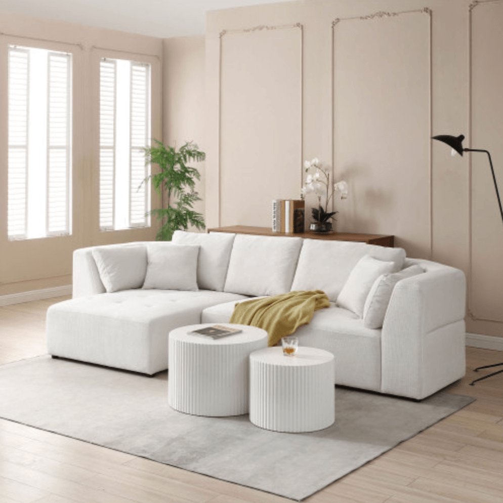 L-shaped Tufted Sectional Sofa, Beige with Left or Right-Facing Chaise - Revel Sofa 