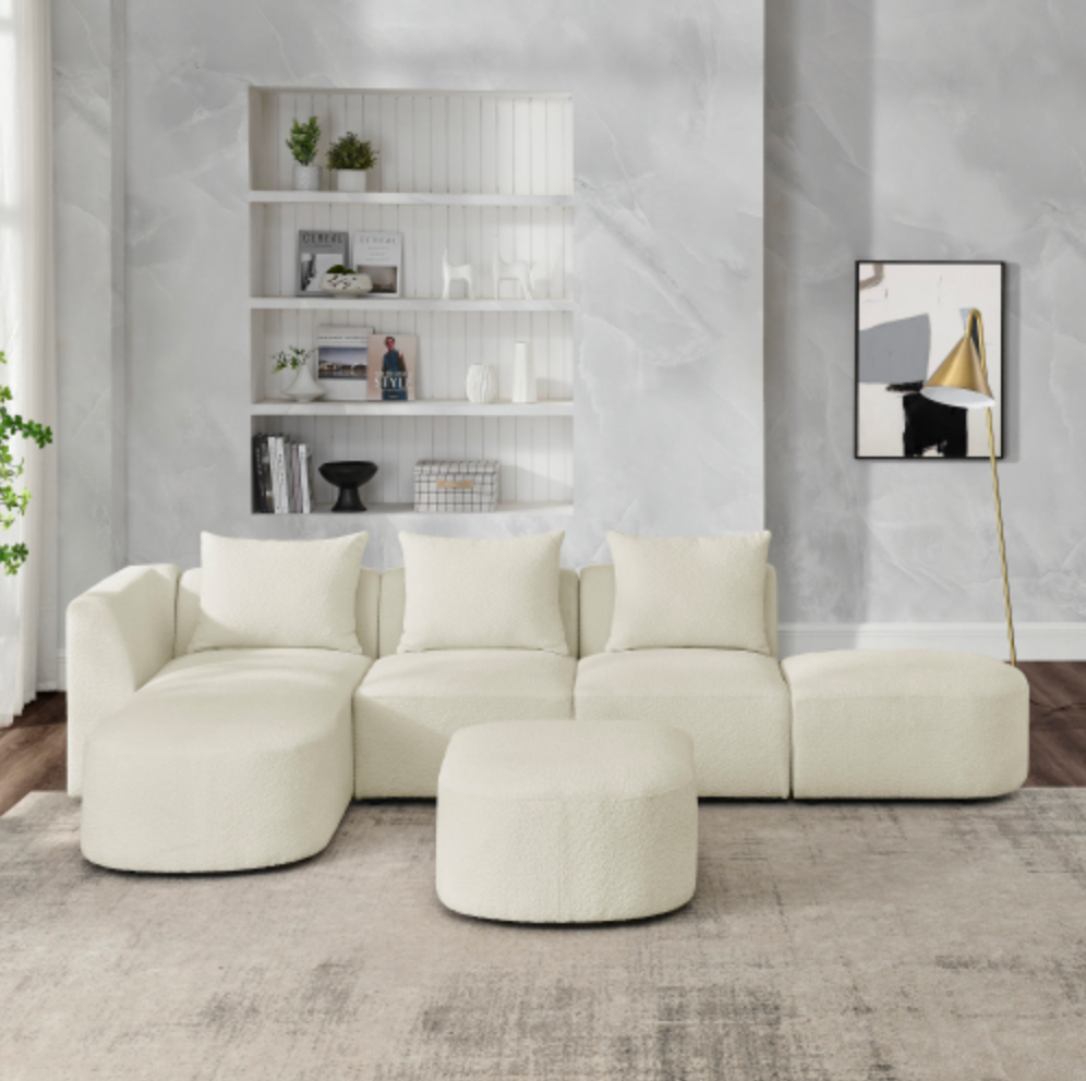 Modular Sectional Sofa with Chaise and Ottomans - Loop Yarn Boucle Fabric in Beige 113" - Revel Sofa 