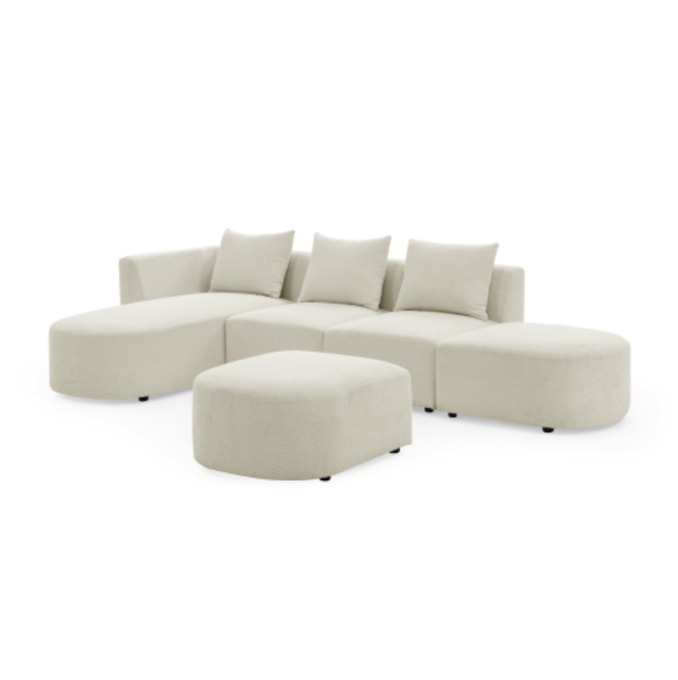 Modular Sectional Sofa with Chaise and Ottomans - Loop Yarn Boucle Fabric in Beige 113" - Revel Sofa 
