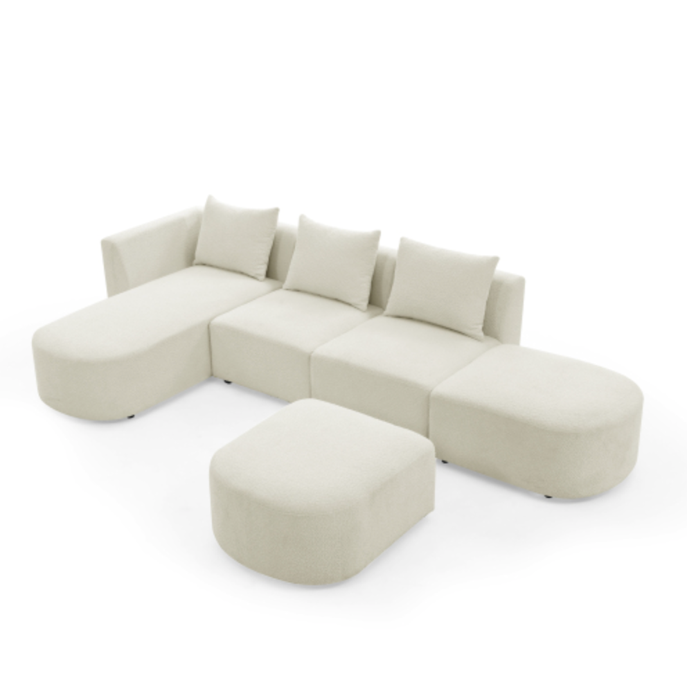 Modular Sectional Sofa with Chaise and Ottomans - Loop Yarn Boucle Fabric in Beige 113" - Revel Sofa 