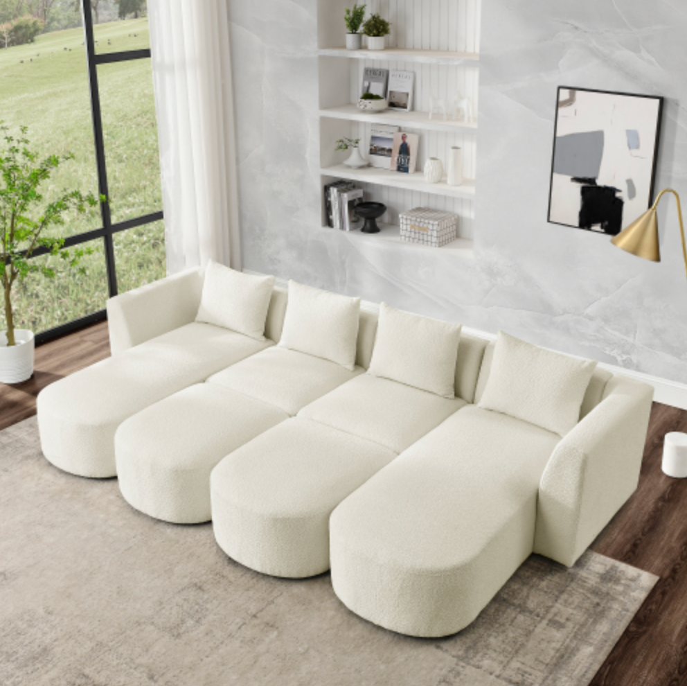 Modular Sectional Sofa with Chaise and Ottomans - Loop Yarn Boucle Fabric in Beige 113" - Revel Sofa 